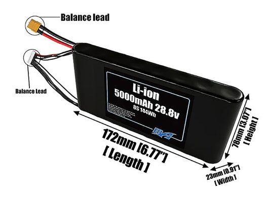 Size reference photo of the 5000mAh 28.8V Li-ion pack showing 172 mm by 23 mm by 78 mm dimensions ideal for drones or small robotic systems where space matters.