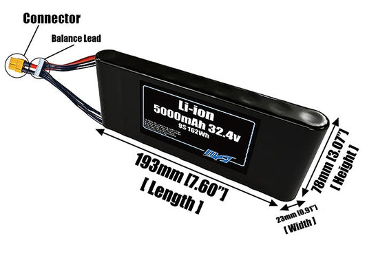 Size reference photo of the 5000mAh 32.4V Li-ion pack showing 193 mm by 23 mm by 78 mm dimensions ideal for drones or small robotic systems where space matters.