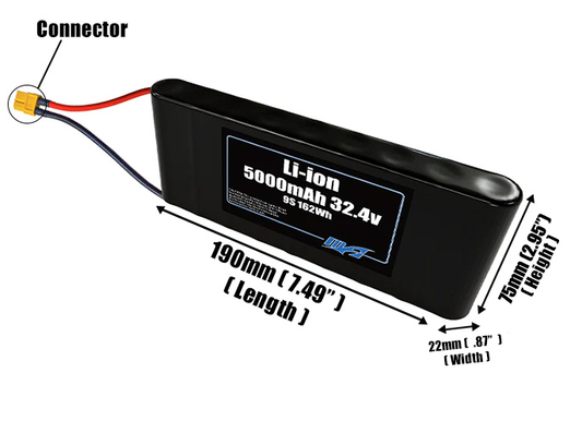 Size reference photo of the 5000mAh 32.4V Li-ion pack showing 190 mm by 22 mm by 75 mm dimensions ideal for drones or small robotic systems where space matters.