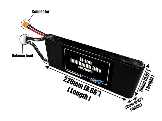 Size reference photo of the 6000mAh 36V Li-ion pack showing 220 mm by 22 mm by 78 mm dimensions ideal for drones or small robotic systems where space matters.
