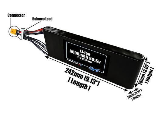 Size reference photo of the 6000mAh 39.6V Li-ion pack showing 242 mm by 22 mm by 78 mm dimensions ideal for drones or small robotic systems where space matters.