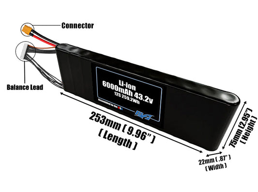 Size reference photo of the 6000mAh 43.2V Li-ion pack showing 253 mm by 22 mm by 75 mm dimensions ideal for drones or small robotic systems where space matters.