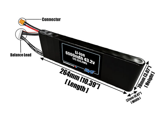 Size reference photo of the 6000mAh 43.2V Li-ion pack showing 264 mm by 22 mm by 78 mm dimensions ideal for drones or small robotic systems where space matters.