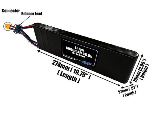 Size reference photo of the 6000mAh 46.8V Li-ion pack showing 274 mm by 22 mm by 75 mm dimensions ideal for drones or small robotic systems where space matters.