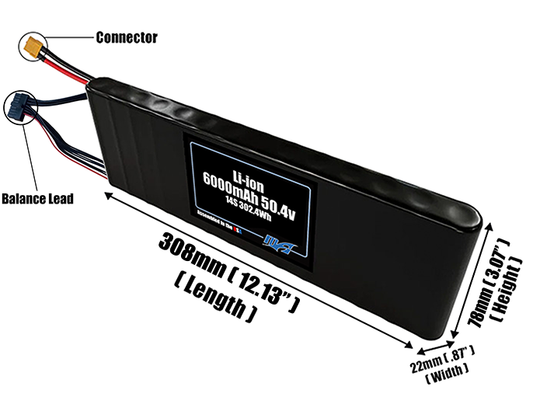Size reference photo of the 6000mAh 50.4V Li-ion pack showing 308 mm by 22 mm by 78 mm dimensions ideal for drones or small robotic systems where space matters.