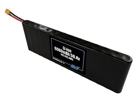 Compact 50.4-volt 6000mAh lithium-ion battery, built for lightweight drone, UAV, and robotics projects.