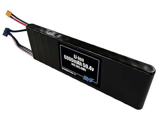 Compact 50.4-volt 6000mAh lithium-ion battery, built for lightweight drone, UAV, and robotics projects.