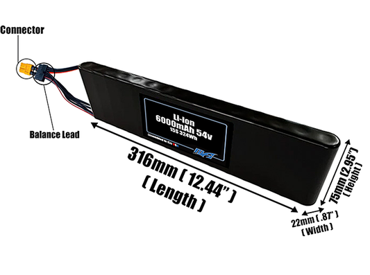 Size reference photo of the 6000mAh 54V Li-ion pack showing 316 mm by 22 mm by 75 mm dimensions ideal for drones or small robotic systems where space matters.