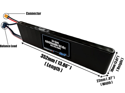 Size reference photo of the 6000mAh 57.6V Li-ion pack showing 352 mm by 22 mm by 78 mm dimensions ideal for drones or small robotic systems where space matters.