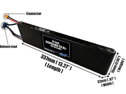 Size reference photo of the 6000mAh 57.6V Li-ion pack showing 337 mm by 22 mm by 75 mm dimensions ideal for drones or small robotic systems where space matters.