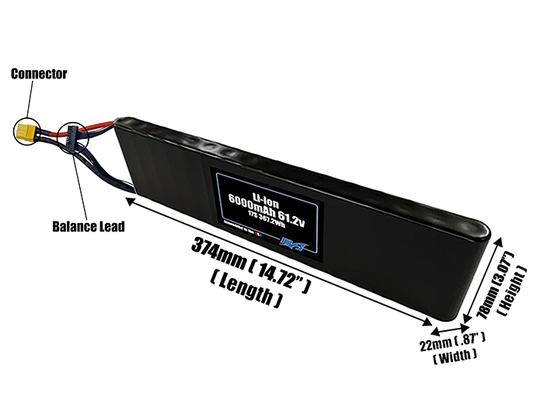 Size reference photo of the 6000mAh 61.2V Li-ion pack showing 374 mm by 22 mm by 78 mm dimensions ideal for drones or small robotic systems where space matters.