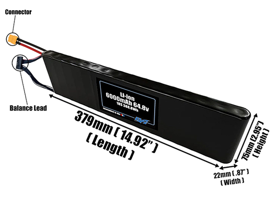 Size reference photo of the 6000mAh 64.8V Li-ion pack showing 379 mm by 22 mm by 75 mm dimensions ideal for drones or small robotic systems where space matters.