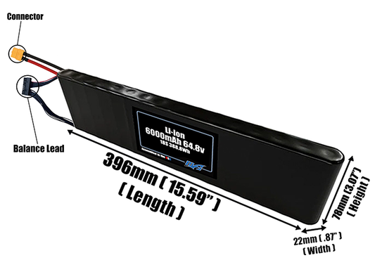 Size reference photo of the 6000mAh 64.8V Li-ion pack showing 396 mm by 22 mm by 78 mm dimensions ideal for drones or small robotic systems where space matters.