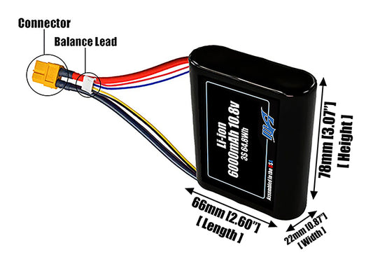 Size reference photo of the 6000mAh 10.8V Li-ion pack showing 66 mm by 22 mm by 78 mm dimensions ideal for drones or small robotic systems where space matters.