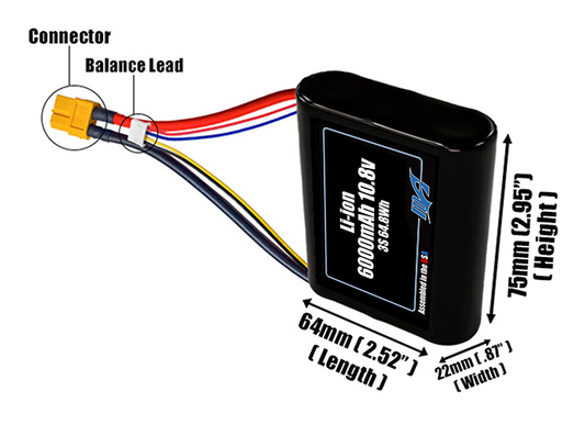 Size reference photo of the 6000mAh 10.8V Li-ion pack showing 64 mm by 22 mm by 75 mm dimensions ideal for drones or small robotic systems where space matters.