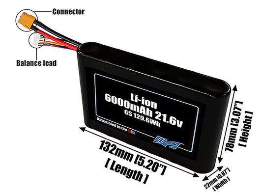 Size reference photo of the 6000mAh 21.6V Li-ion pack showing 132 mm by 22 mm by 78 mm dimensions ideal for drones or small robotic systems where space matters.