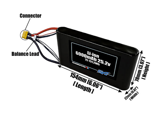 Size reference photo of the 6000mAh 25.2V Li-ion pack showing 154 mm by 22 mm by 78 mm dimensions ideal for drones or small robotic systems where space matters.