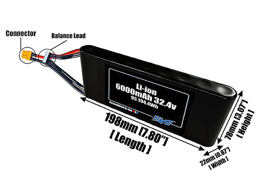 Size reference photo of the 6000mAh 32.4V Li-ion pack showing 198 mm by 22 mm by 78 mm dimensions ideal for drones or small robotic systems where space matters.