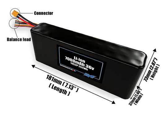 Size reference photo of the 7000mAh 36V Li-ion pack showing 181 mm by 37 mm by 73 mm dimensions ideal for drones or small robotic systems where space matters.