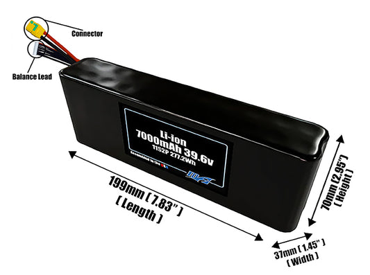 Size reference photo of the 7000mAh 39.6V Li-ion pack showing 199 mm by 37 mm by 70 mm dimensions ideal for drones or small robotic systems where space matters.