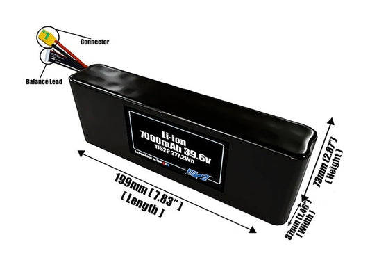 Size reference photo of the 7000mAh 39.6V Li-ion pack showing 199 mm by 37 mm by 73 mm dimensions ideal for drones or small robotic systems where space matters.