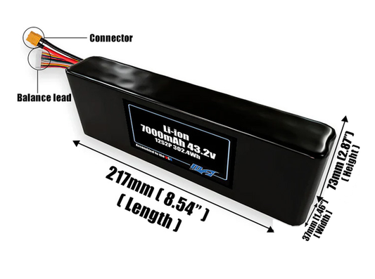 Size reference photo of the 7000mAh 43.2V Li-ion pack showing 217 mm by 37 mm by 73 mm dimensions ideal for drones or small robotic systems where space matters.