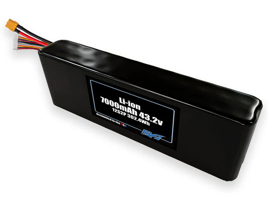 Compact 43.2-volt 7000mAh lithium-ion battery, built for lightweight drone, UAV, and robotics projects.
