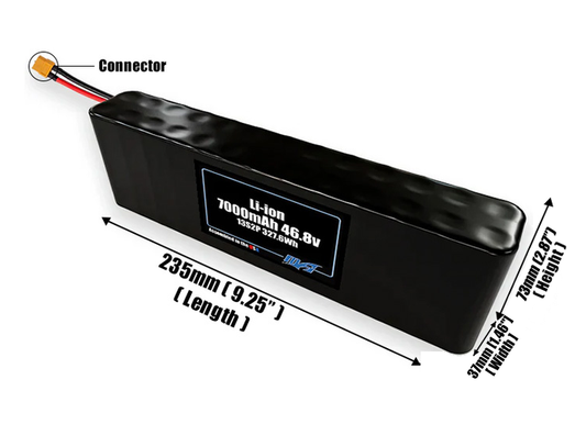 Size reference photo of the 7000mAh 46.8V Li-ion pack showing 235 mm by 37 mm by 73 mm dimensions ideal for drones or small robotic systems where space matters.