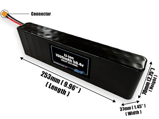 Size reference photo of the 7000mAh 50.4V Li-ion pack showing 253 mm by 37 mm by 70 mm dimensions ideal for drones or small robotic systems where space matters.