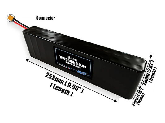 Size reference photo of the 7000mAh 50.4V Li-ion pack showing 253 mm by 37 mm by 73 mm dimensions ideal for drones or small robotic systems where space matters.