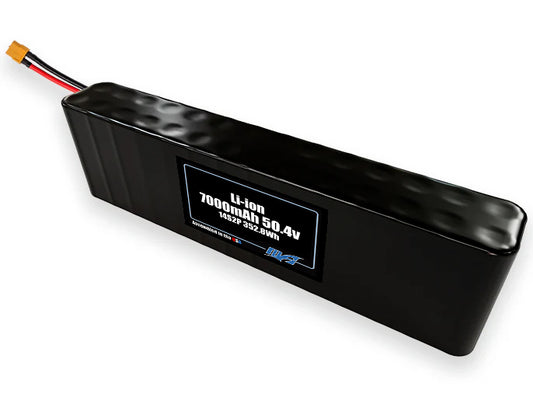 Compact 50.4-volt 7000mAh lithium-ion battery, built for lightweight drone, UAV, and robotics projects.