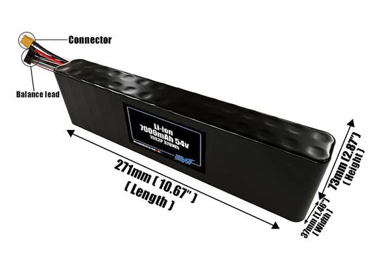 Size reference photo of the 7000mAh 54V Li-ion pack showing 271 mm by 37 mm by 73 mm dimensions ideal for drones or small robotic systems where space matters.