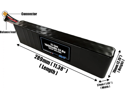 Size reference photo of the 7000mAh 57.6V Li-ion pack showing 289 mm by 37 mm by 70 mm dimensions ideal for drones or small robotic systems where space matters.