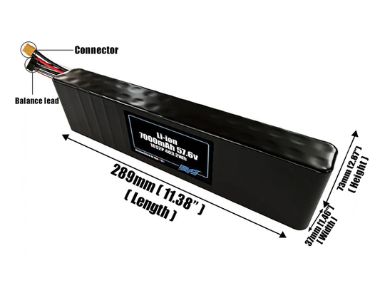 Size reference photo of the 7000mAh 57.6V Li-ion pack showing 289 mm by 37 mm by 73 mm dimensions ideal for drones or small robotic systems where space matters.