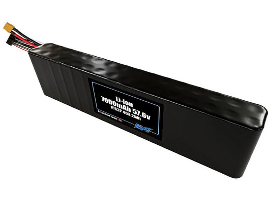 Compact 57.6-volt 7000mAh lithium-ion battery, built for lightweight drone, UAV, and robotics projects.