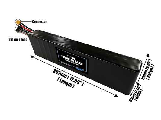 Size reference photo of the 7000mAh 61.2V Li-ion pack showing 307 mm by 37 mm by 73 mm dimensions ideal for drones or small robotic systems where space matters.
