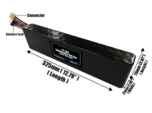 Size reference photo of the 7000mAh 64.8V Li-ion pack showing 325 mm by 37 mm by 73 mm dimensions ideal for drones or small robotic systems where space matters.