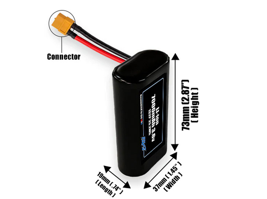 Size reference photo of the 7000mAh 3.6V Li-ion pack showing 19 mm by 37 mm by 73 mm dimensions ideal for drones or small robotic systems where space matters.
