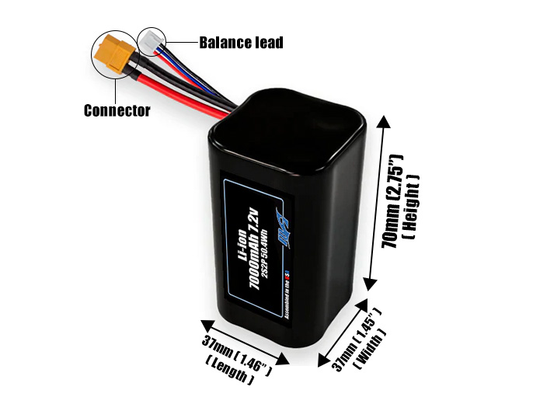 Size reference photo of the 7000mAh 7.2V Li-ion pack showing 37 mm by 37 mm by 70 mm dimensions ideal for drones or small robotic systems where space matters.