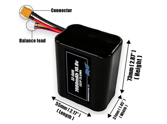Size reference photo of the 7000mAh 10.8V Li-ion pack showing 55 mm by 37 mm by 73 mm dimensions ideal for drones or small robotic systems where space matters.