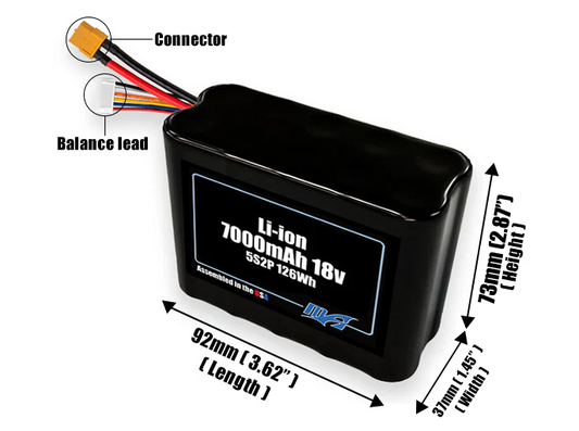 Size reference photo of the 7000mAh 18V Li-ion pack showing 92 mm by 37 mm by 73 mm dimensions ideal for drones or small robotic systems where space matters.