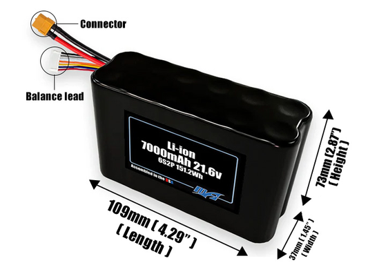 Size reference photo of the 7000mAh 21.6V Li-ion pack showing 109 mm by 37 mm by 73 mm dimensions ideal for drones or small robotic systems where space matters.