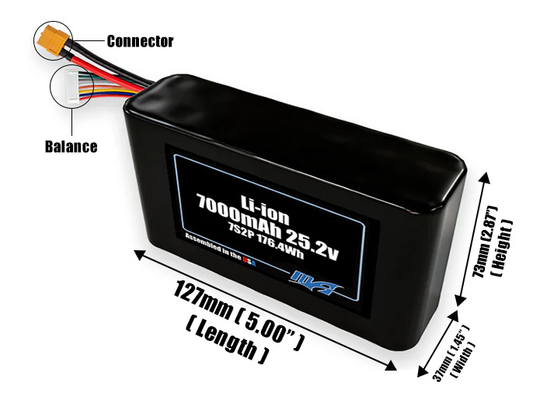 Size reference photo of the 7000mAh 25.2V Li-ion pack showing 127 mm by 37 mm by 73 mm dimensions ideal for drones or small robotic systems where space matters.