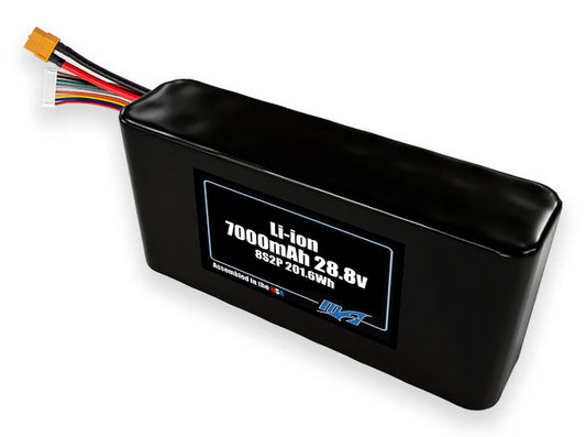 Compact 28.8-volt 7000mAh lithium-ion battery, built for lightweight drone, UAV, and robotics projects.