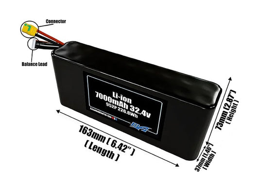 Size reference photo of the 7000mAh 32.4V Li-ion pack showing 163 mm by 37 mm by 73 mm dimensions ideal for drones or small robotic systems where space matters.