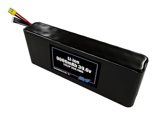 Compact 39.6-volt 9000mAh lithium-ion battery, built for lightweight drone, UAV, and robotics projects.