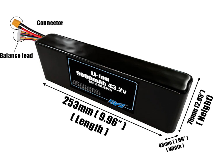 Size reference photo of the 9000mAh 43.2V Li-ion pack showing 253 mm by 43 mm by 75 mm dimensions ideal for drones or small robotic systems where space matters.