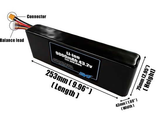 Size reference photo of the 9000mAh 43.2V Li-ion pack showing 253 mm by 43 mm by 75 mm dimensions ideal for drones or small robotic systems where space matters.
