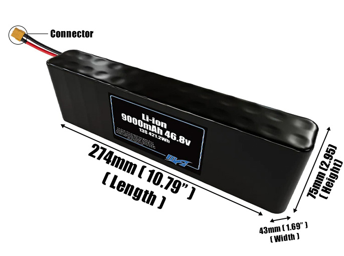 Size reference photo of the 9000mAh 46.8V Li-ion pack showing 274 mm by 43 mm by 75 mm dimensions ideal for drones or small robotic systems where space matters.
