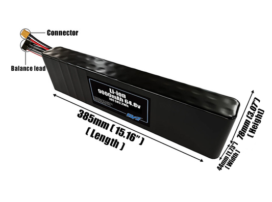 Size reference photo of the 9000mAh 64.8V Li-ion pack showing 385 mm by 44 mm by 78 mm dimensions ideal for drones or small robotic systems where space matters.